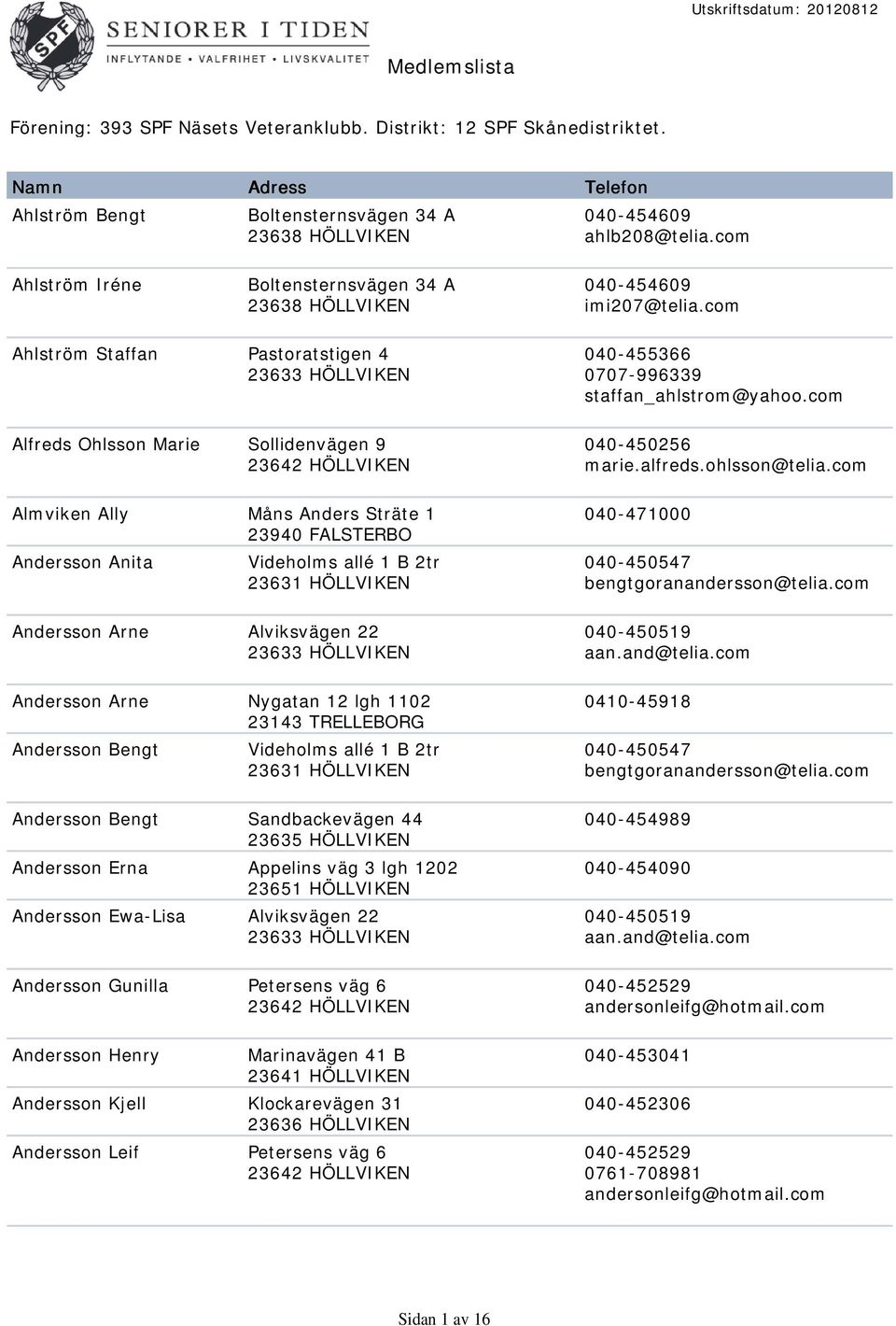 com Ahlström Staffan Pastoratstigen 4 Alfreds Ohlsson Marie Sollidenvägen 9 23642 HÖLLVIKEN Almviken Ally Måns Anders Sträte 1 23940 FALSTERBO Andersson Anita Videholms allé 1 B 2tr Andersson Arne