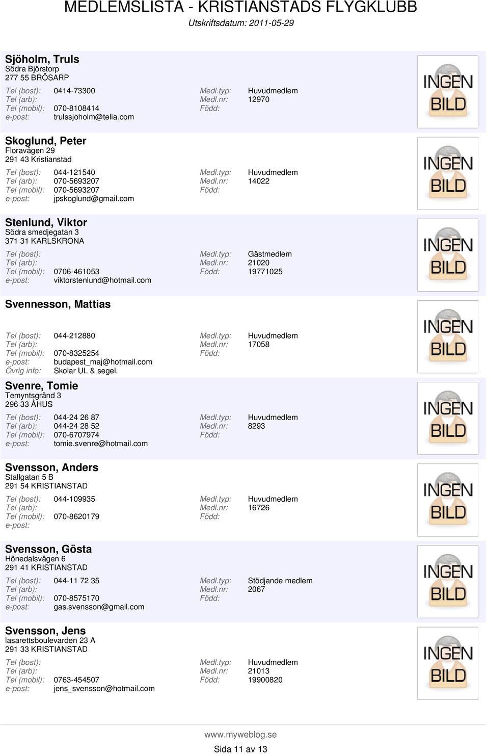 com Svennesson, Mattias 12970 14022 21020 19771025 044-212880 Svenre, Tomie Temyntsgränd 3 296 33 ÅHUS 070-8325254 budapest_maj@hotmail.com Skolar UL & segel.