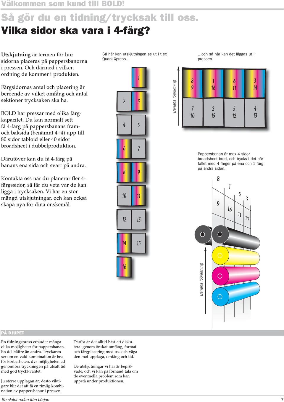 BOLD har pressar med olika färgkapacitet. Du kan normalt sett få 4-färg på pappersbanans framoch baksida (benämnt 4+4) upp till 80 sidor tabloid eller 40 sidor broadsheet i dubbelproduktion.