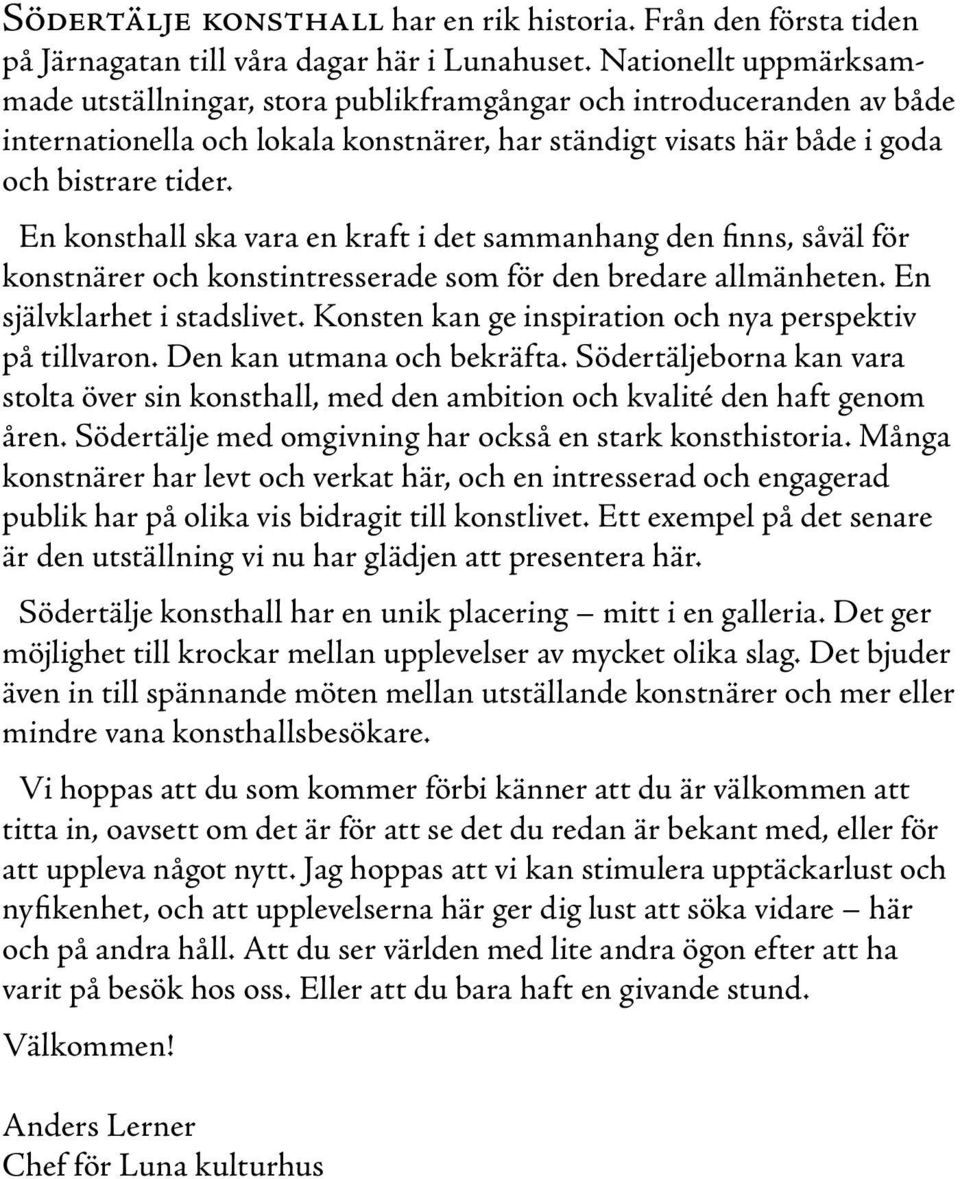 En konsthall ska vara en kraft i det sammanhang den finns, såväl för konstnärer och konstintresserade som för den bredare allmänheten. En självklarhet i stadslivet.