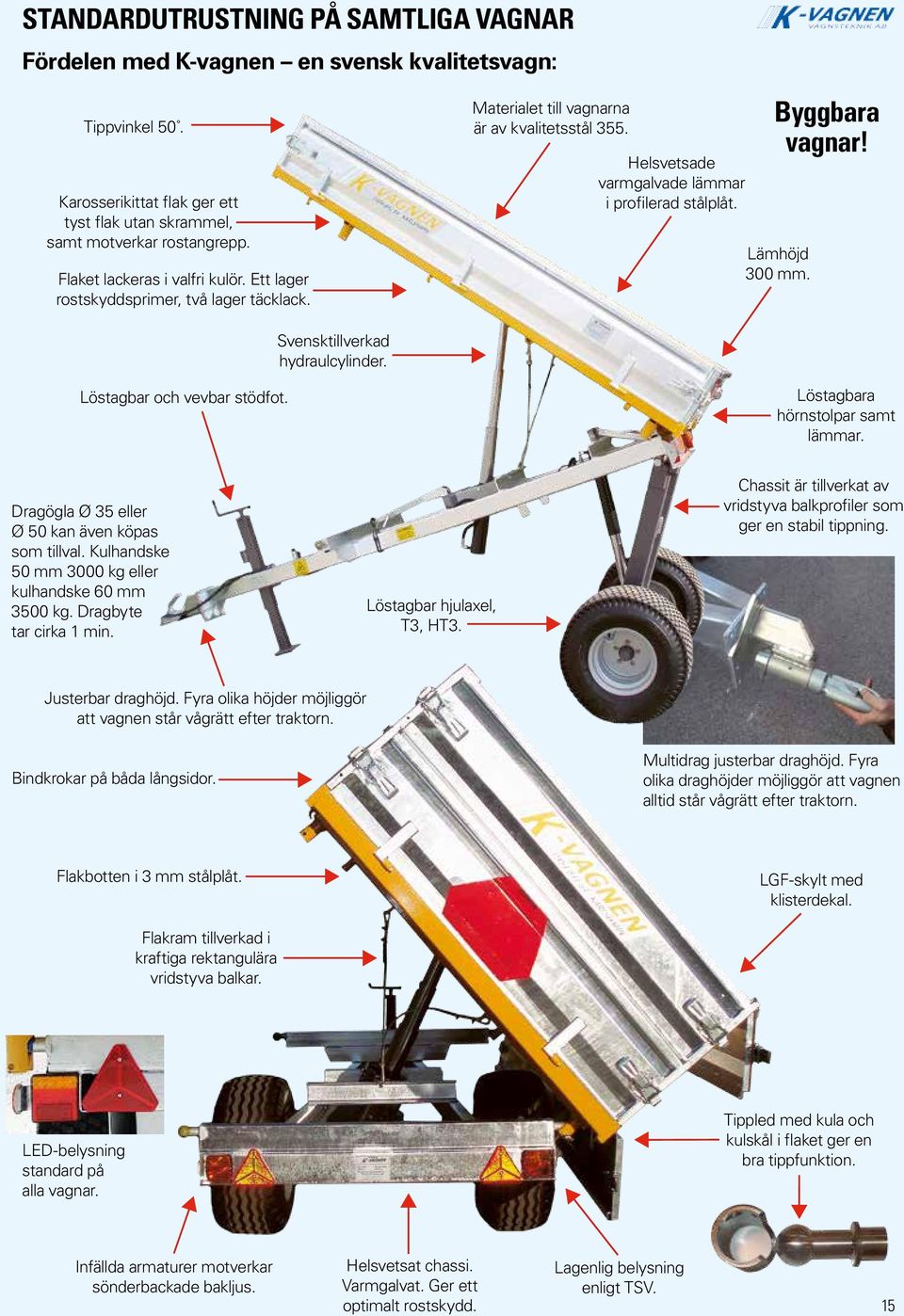 s Byggbara vagnar! Lämhöjd 300 mm. Svensktillverkad hydraulcylinder. s s Löstagbar och vevbar stödfot. s Löstagbara hörnstolpar samt lämmar. Dragögla Ø 35 eller Ø 50 kan även köpas som tillval.