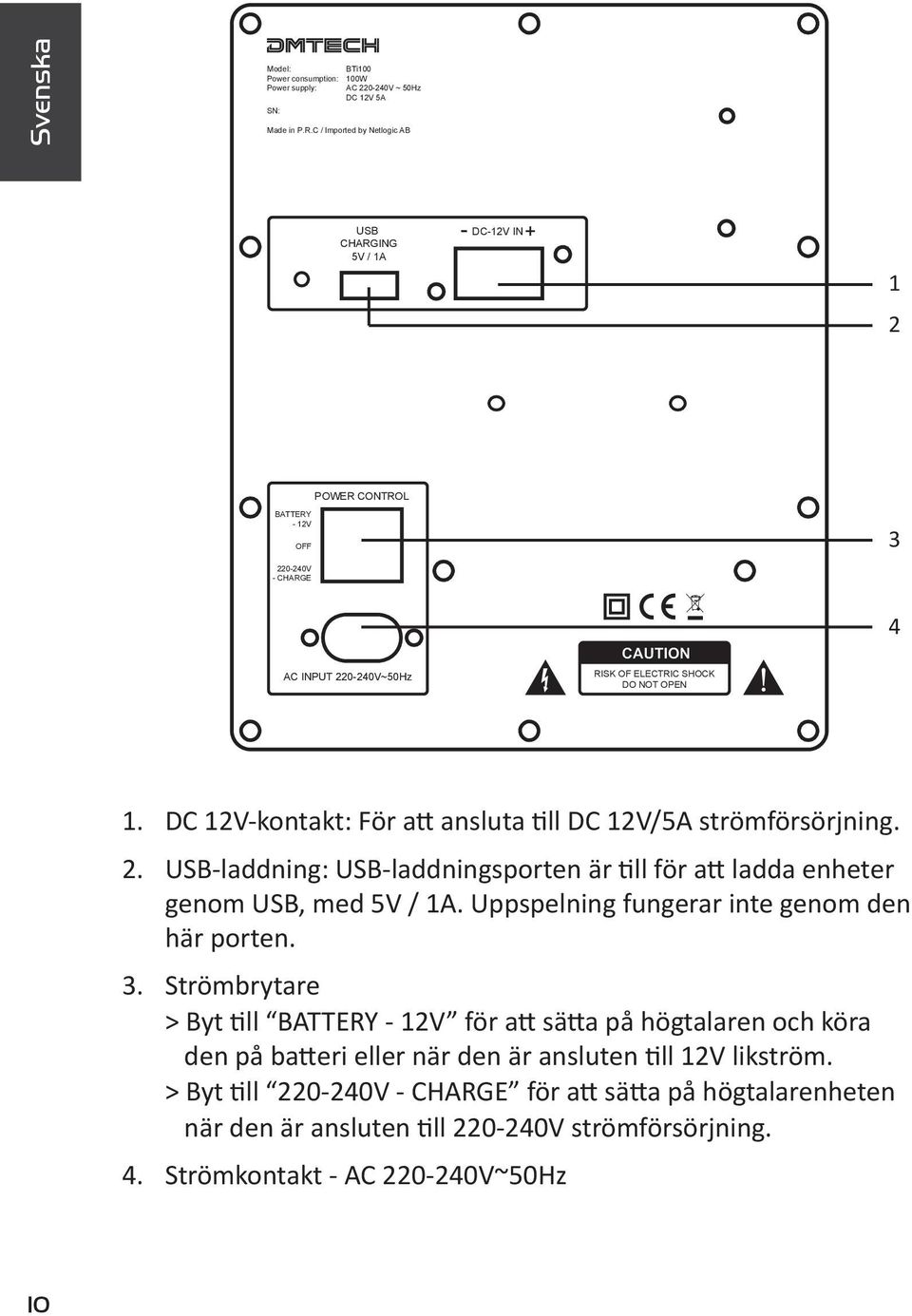 DC 12V-kontakt: För att ansluta till DC 12V/5A strömförsörjning. 2. USB-laddning: USB-laddningsporten är till för att ladda enheter genom USB, med 5V / 1A.