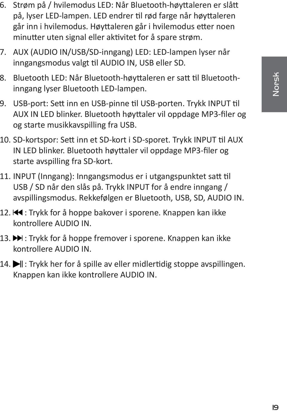 AUX (AUDIO IN/USB/SD-inngang) LED: LED-lampen lyser når inngangsmodus valgt til AUDIO IN, USB eller SD. 8.