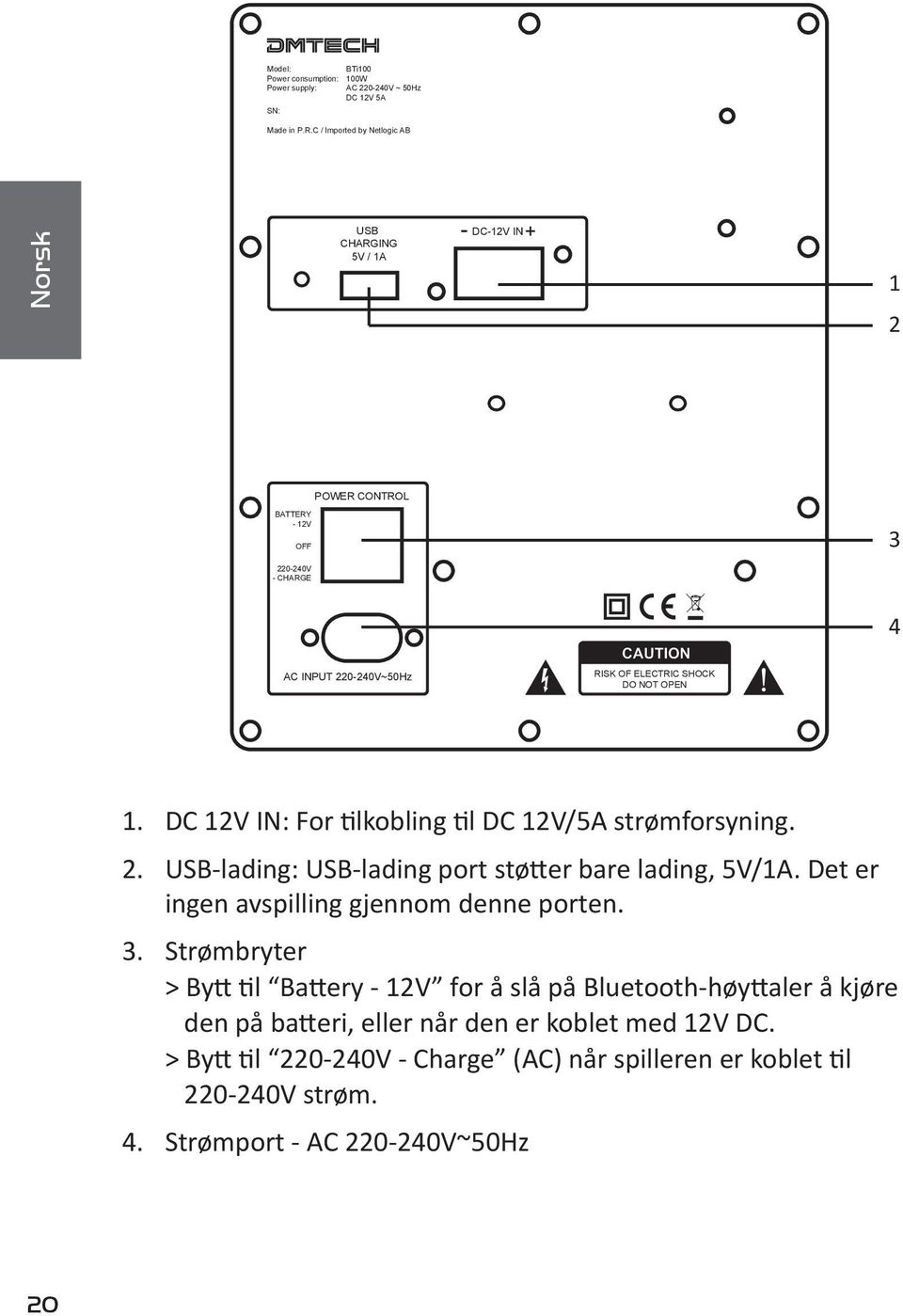 NOT OPEN 1. DC 12V IN: For tilkobling til DC 12V/5A strømforsyning. 2. USB-lading: USB-lading port støtter bare lading, 5V/1A. Det er ingen avspilling gjennom denne porten.
