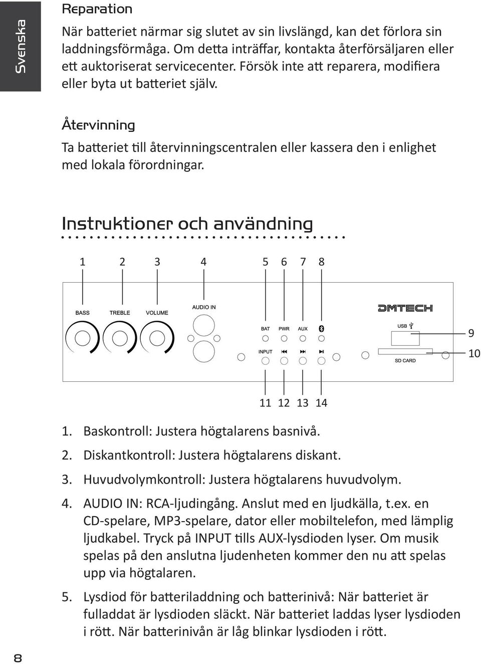 Instruktioner och användning 1 2 3 4 5 6 7 8 9 10 11 12 13 14 1. Baskontroll: Justera högtalarens basnivå. 2. Diskantkontroll: Justera högtalarens diskant. 3. Huvudvolymkontroll: Justera högtalarens huvudvolym.