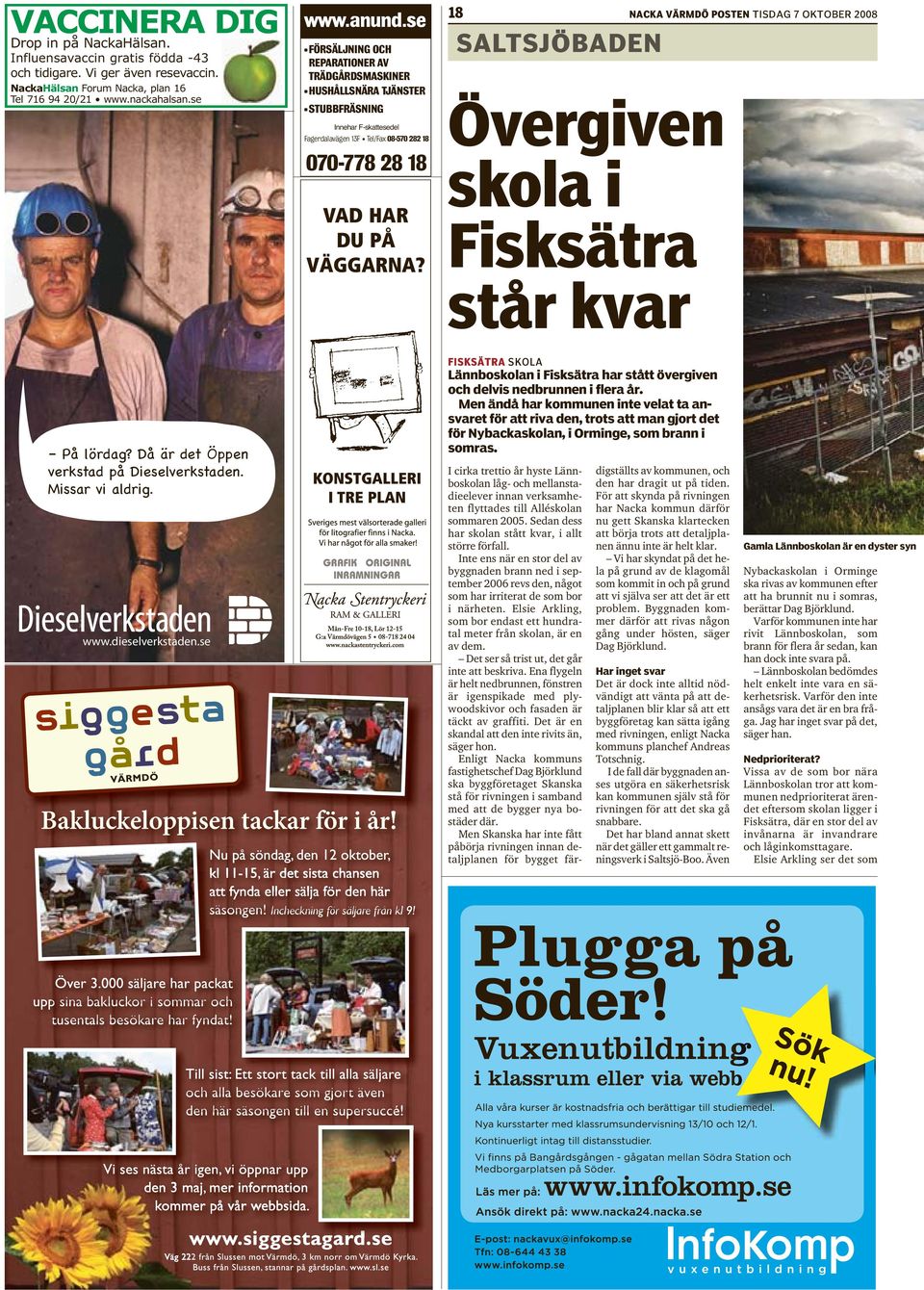 18 NACKA VÄRMDÖ POSTEN TISDAG 7 OKTOBER 2008 SALTSJÖBADEN Övergiven skola i Fisksätra står kvar På lördag? Då är det Öppen verkstad på Dieselverkstaden. Missar vi aldrig. www.dieselverkstaden.