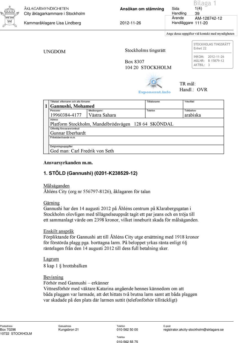 : OVR Tilltalad: efternamn och alla förnamn Tilltalsnamn Yrke/titel 1 Gannushi, Mohamed Personnr Medborgare i Telefon Tolkbehov 19960384-4177 Västra Sahara arabiska Adress Platform Stockholm,