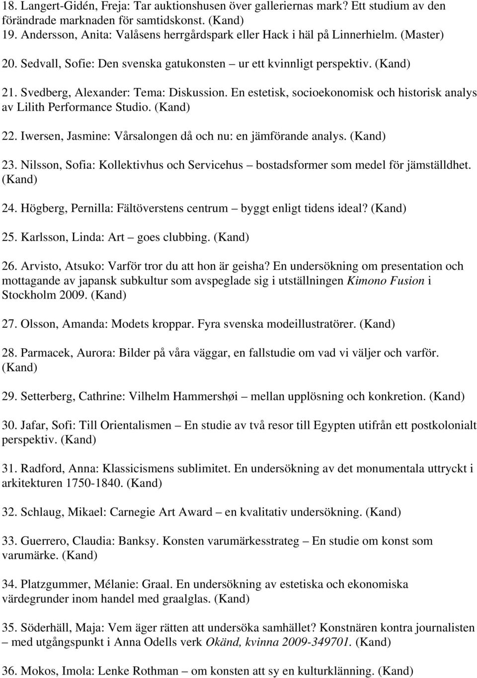 Svedberg, Alexander: Tema: Diskussion. En estetisk, socioekonomisk och historisk analys av Lilith Performance Studio. (Kand) 22. Iwersen, Jasmine: Vårsalongen då och nu: en jämförande analys.