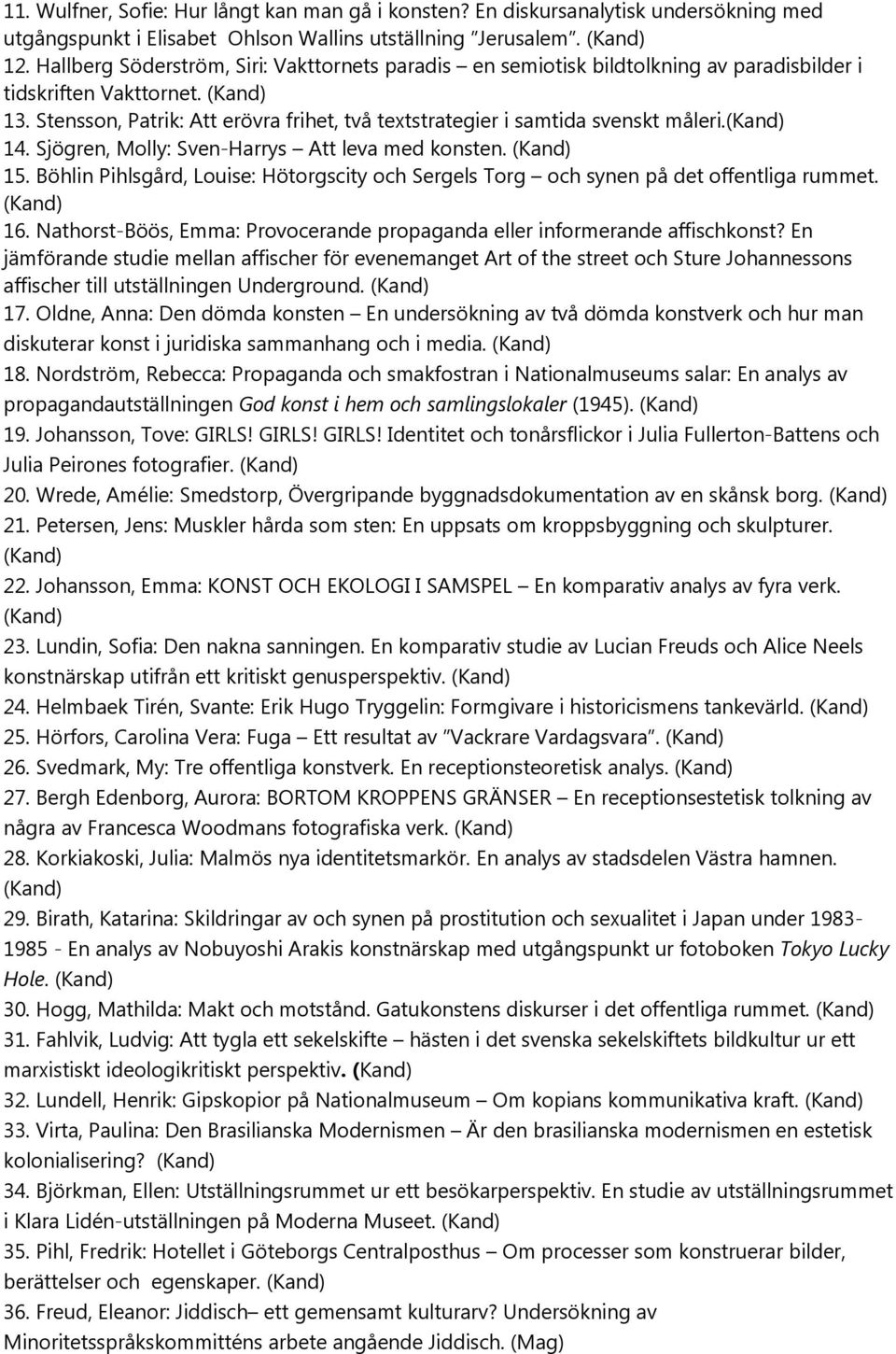 Stensson, Patrik: Att erövra frihet, två textstrategier i samtida svenskt måleri.(kand) 14. Sjögren, Molly: Sven-Harrys Att leva med konsten. (Kand) 15.