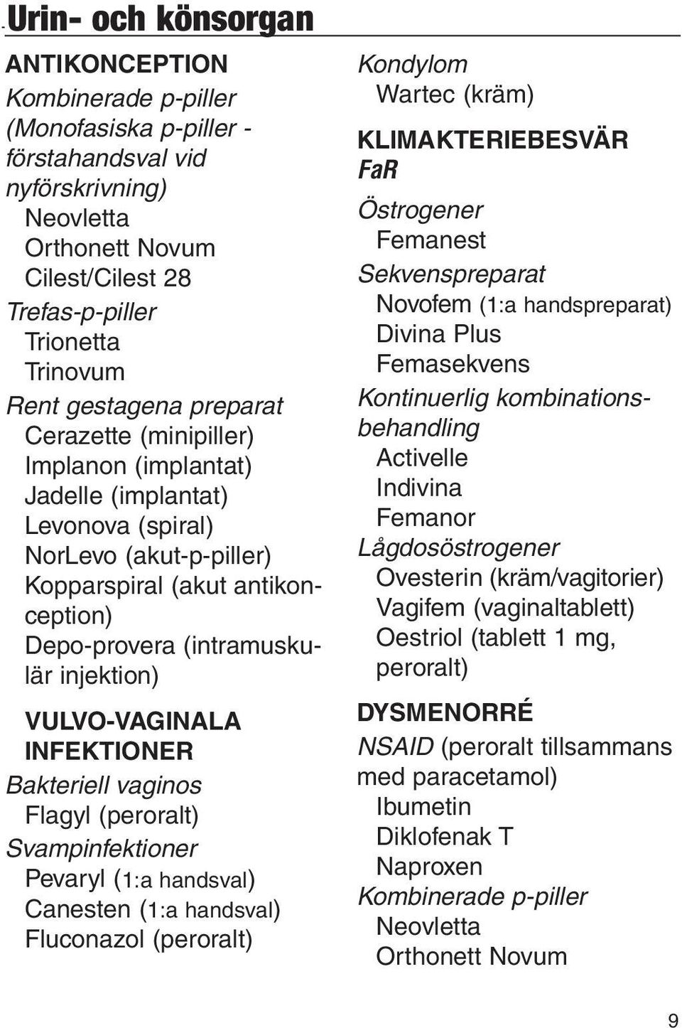 Depo-provera (intramuskulär injektion) Vulvo-vaginala infektioner Bakteriell vaginos Flagyl (peroralt) Svampinfektioner Pevaryl (1:a handsval) Canesten (1:a handsval) Fluconazol (peroralt) Kondylom