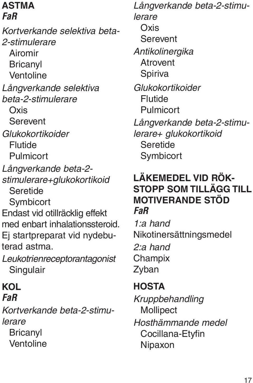 Leukotrienreceptorantagonist Singulair kol Kortverkande beta-2-stimulerare Bricanyl Ventoline Långverkande beta-2-stimulerare Oxis Serevent Antikolinergika Atrovent Spiriva Glukokortikoider Flutide