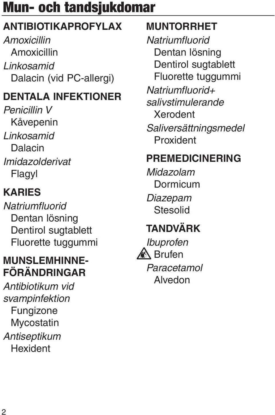 Antibiotikum vid svampinfektion Fungizone Mycostatin Antiseptikum Hexident Muntorrhet Natriumfluorid Dentan lösning Dentirol sugtablett Fluorette tuggummi