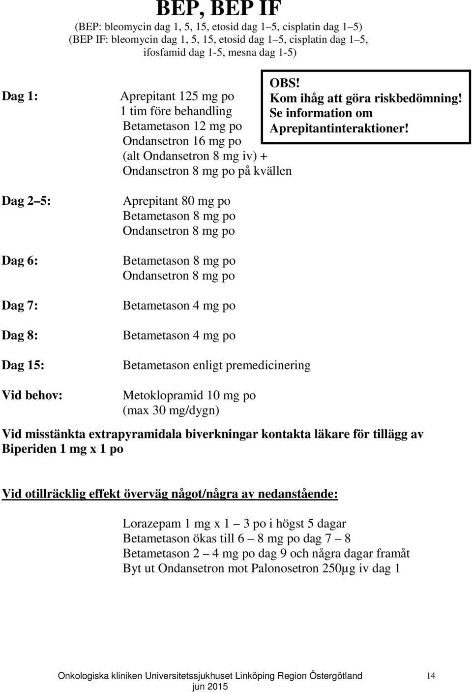 1 tim före behandling Betametason 12 mg po Ondansetron 16 mg po (alt Ondansetron 8 mg iv) + på kvällen Betametason enligt premedicinering