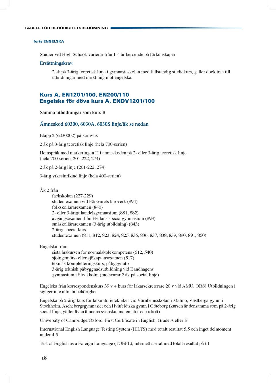 Kurs A, EN1201/100, EN200/110 Engelska för döva kurs A, ENDV1201/100 Samma utbildningar som kurs B Ämneskod 60300, 6030A, 6030S linje/åk se nedan Etapp 2 (6030002) på komvux 2 åk på 3-årig teoretisk