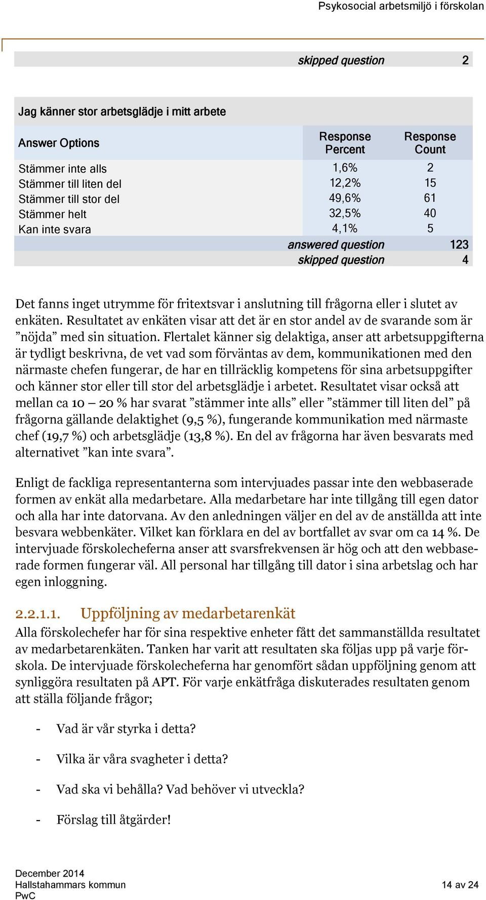 Resultatet av enkäten visar att det är en stor andel av de svarande som är nöjda med sin situation.