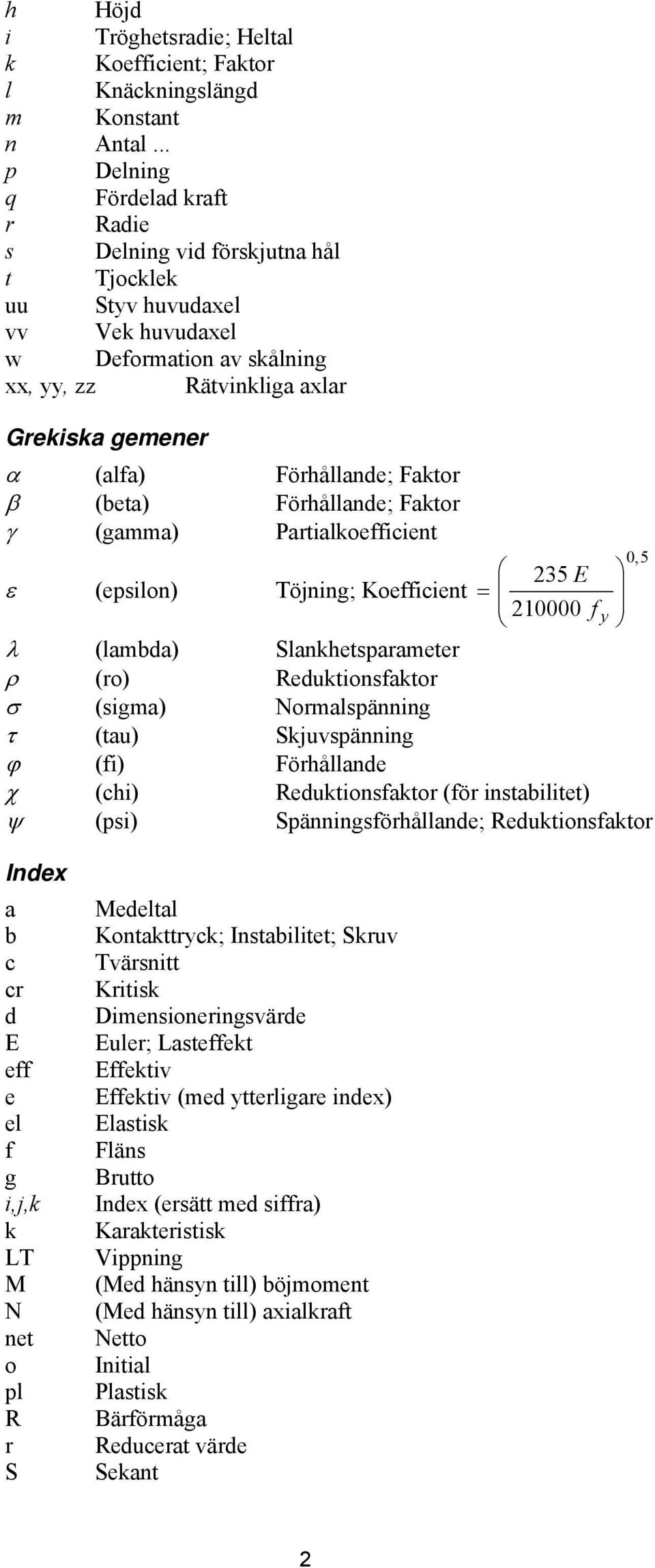 Förhållande; Faktor β (beta) Förhållande; Faktor γ (gamma) Partialkoefficient ε (epsilon) 35 Töjning; Koefficient E = 10000 f y λ (lambda) Slankhetsparameter ρ (ro) Reduktionsfaktor σ (sigma)