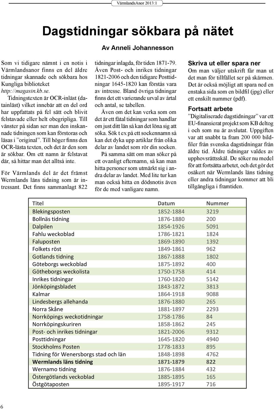 Till vänster på sidan ser man den inskannade tidningen som kan förstoras och läsas i original. Till höger finns den OCR-lästa texten, och det är den som är sökbar.