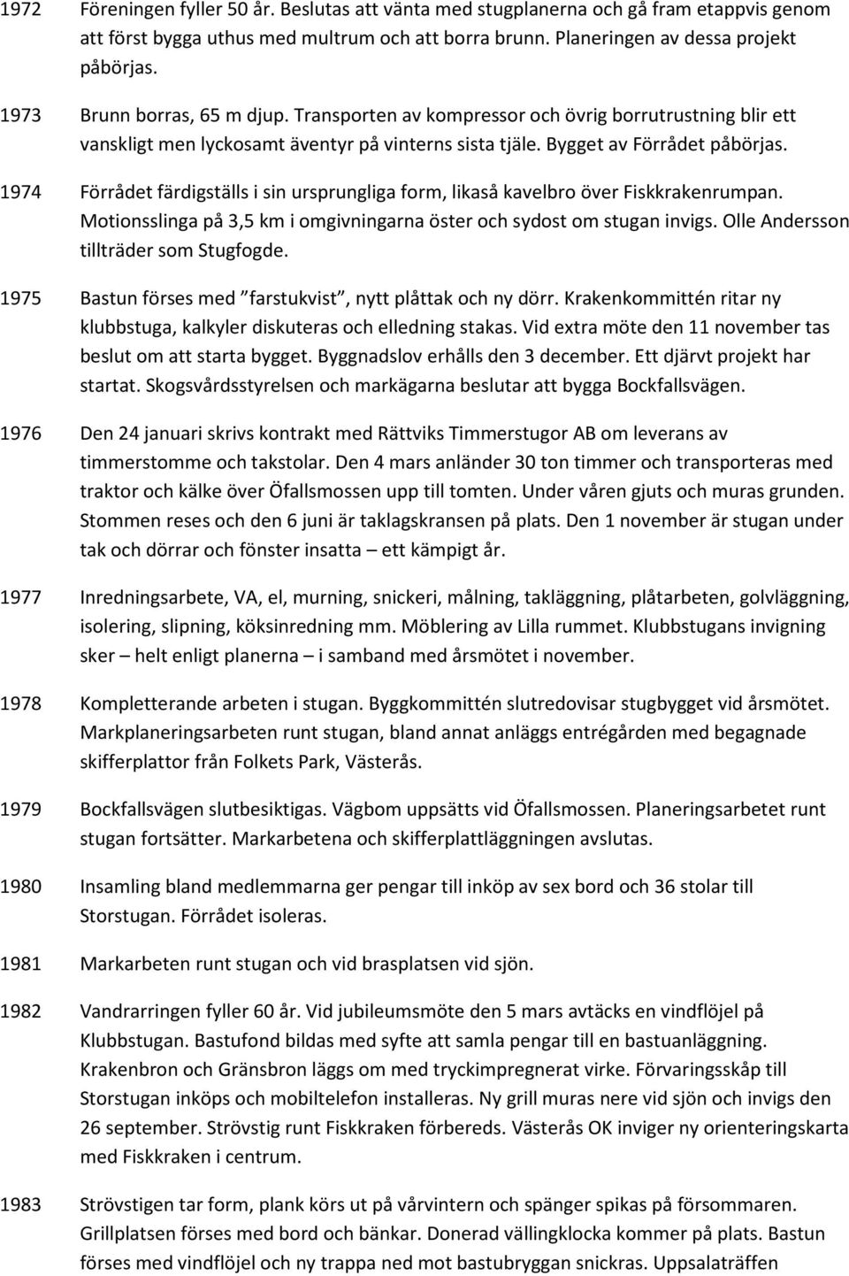 1974 Förrådet färdigställs i sin ursprungliga form, likaså kavelbro över Fiskkrakenrumpan. Motionsslinga på 3,5 km i omgivningarna öster och sydost om stugan invigs.