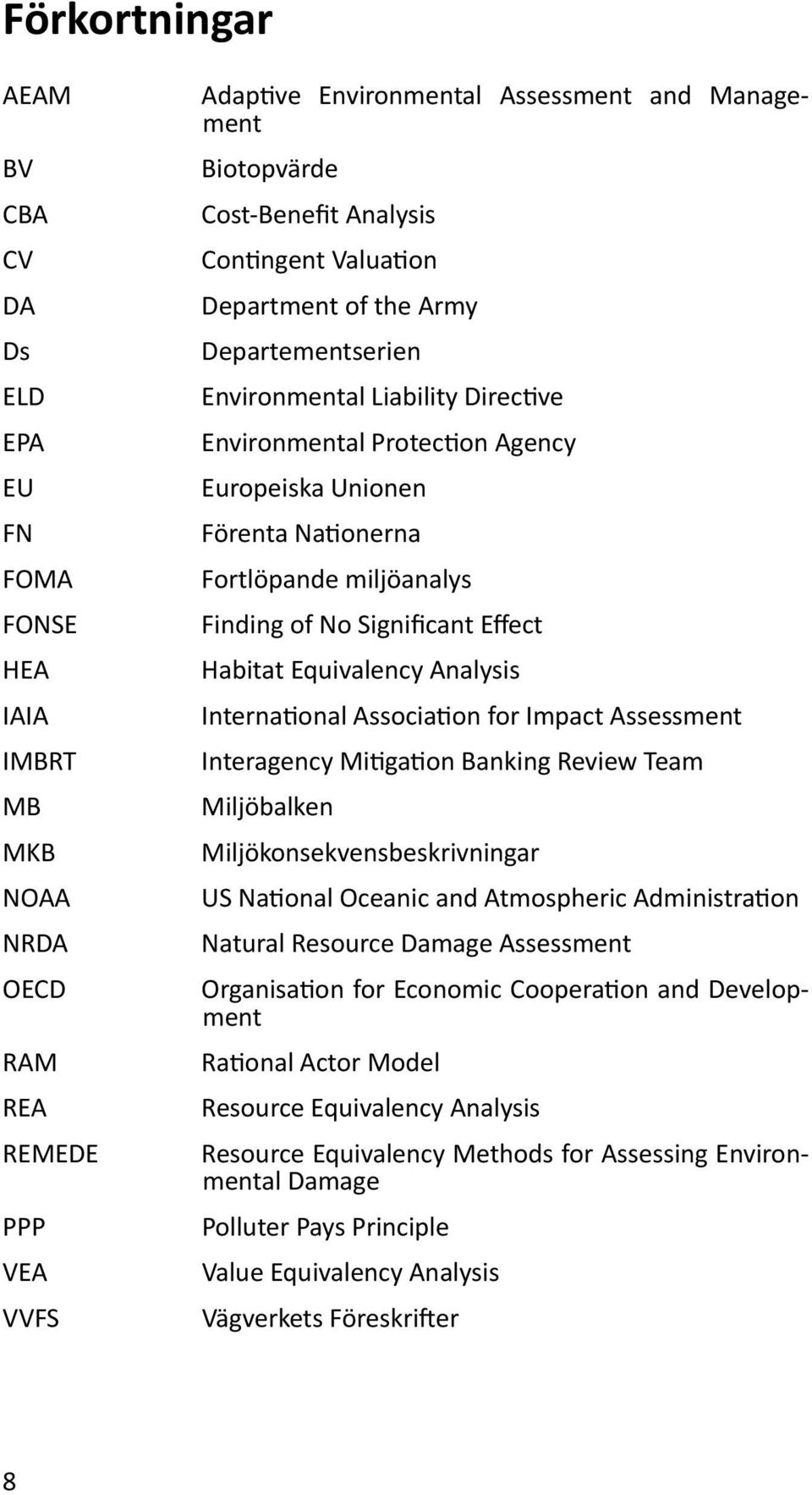 Nationerna Fortlöpande miljöanalys Finding of No Significant Effect Habitat Equivalency Analysis International Association for Impact Assessment Interagency Mitigation Banking Review Team Miljöbalken