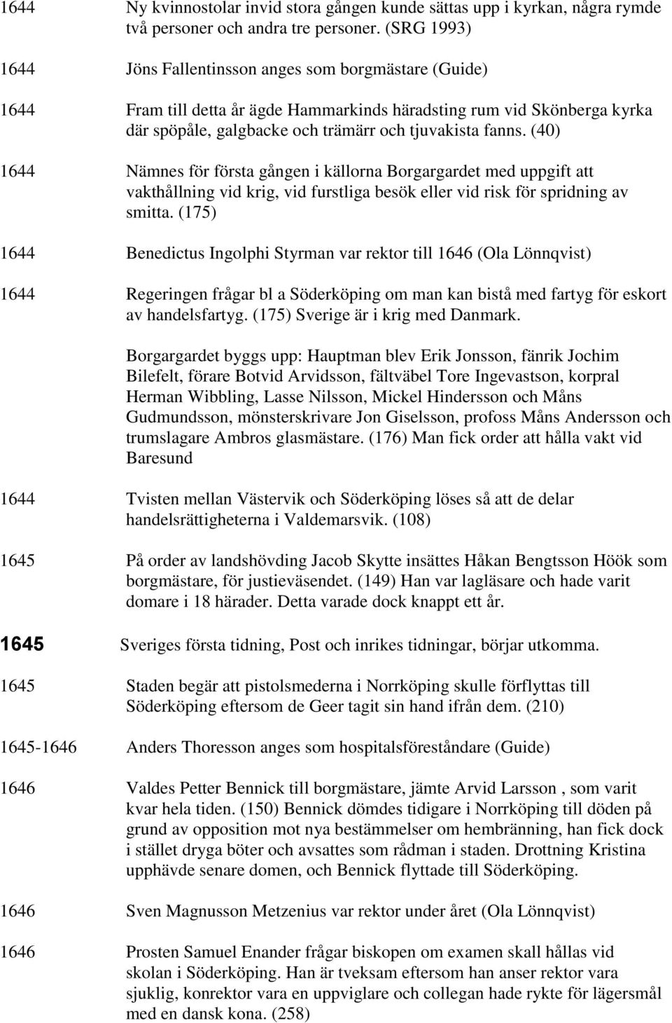 (40) 1644 Nämnes för första gången i källorna Borgargardet med uppgift att vakthållning vid krig, vid furstliga besök eller vid risk för spridning av smitta.