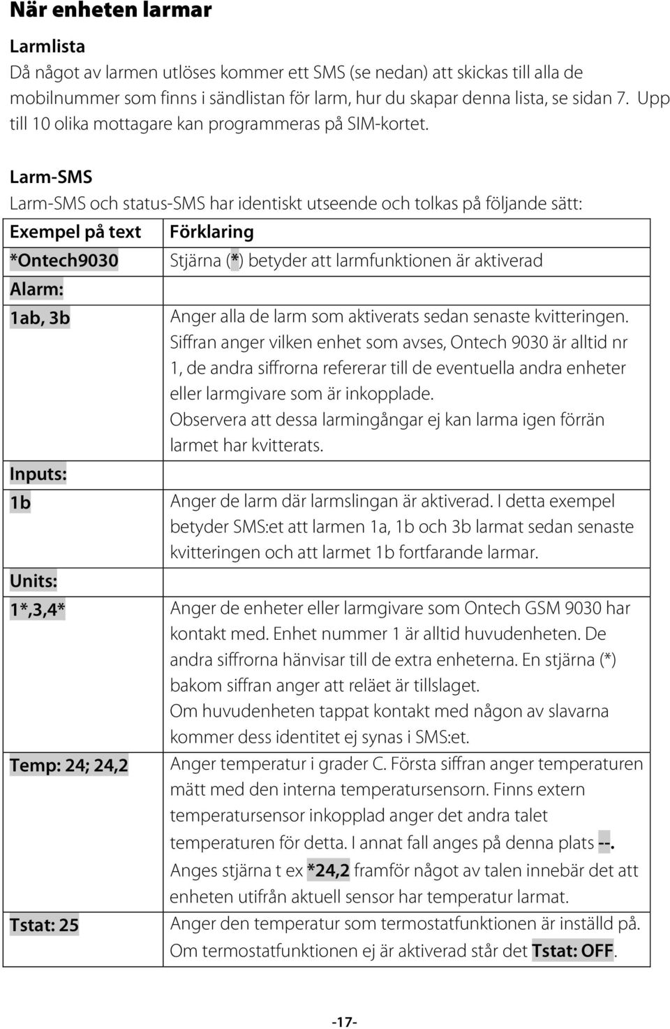 Larm-SMS Larm-SMS och status-sms har identiskt utseende och tolkas på följande sätt: Exempel på text Förklaring *Ontech9030 Stjärna (*) betyder att larmfunktionen är aktiverad Alarm: 1ab, 3b Inputs: