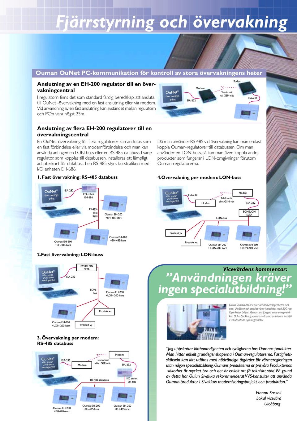 OuNet övervaknings enhet Modem Telefonnät tai GSM-nät Modem Anslutning av flera EH-200 regulatorer till en övervakningscentral En OuNet-övervakning för flera regulatorer kan anslutas som en fast