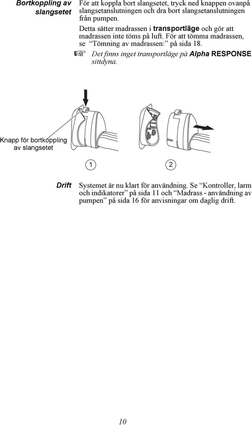 För att tömma madrassen, se Tömning av madrassen: på sida 18. Det finns inget transportläge på Alpha RESPONSE sittdyna.