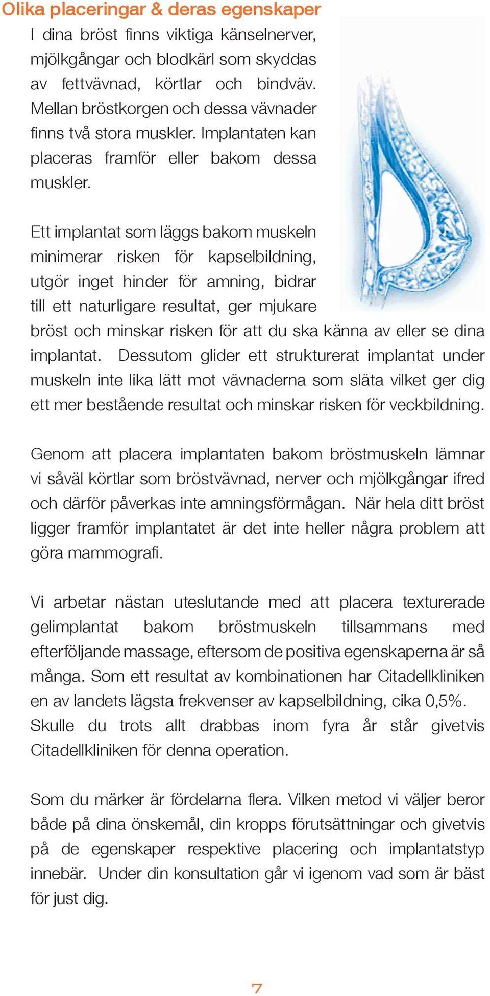 Ett implantat som läggs bakom muskeln minimerar risken för kapselbildning, utgör inget hinder för amning, bidrar till ett naturligare resultat, ger mjukare bröst och minskar risken för att du ska