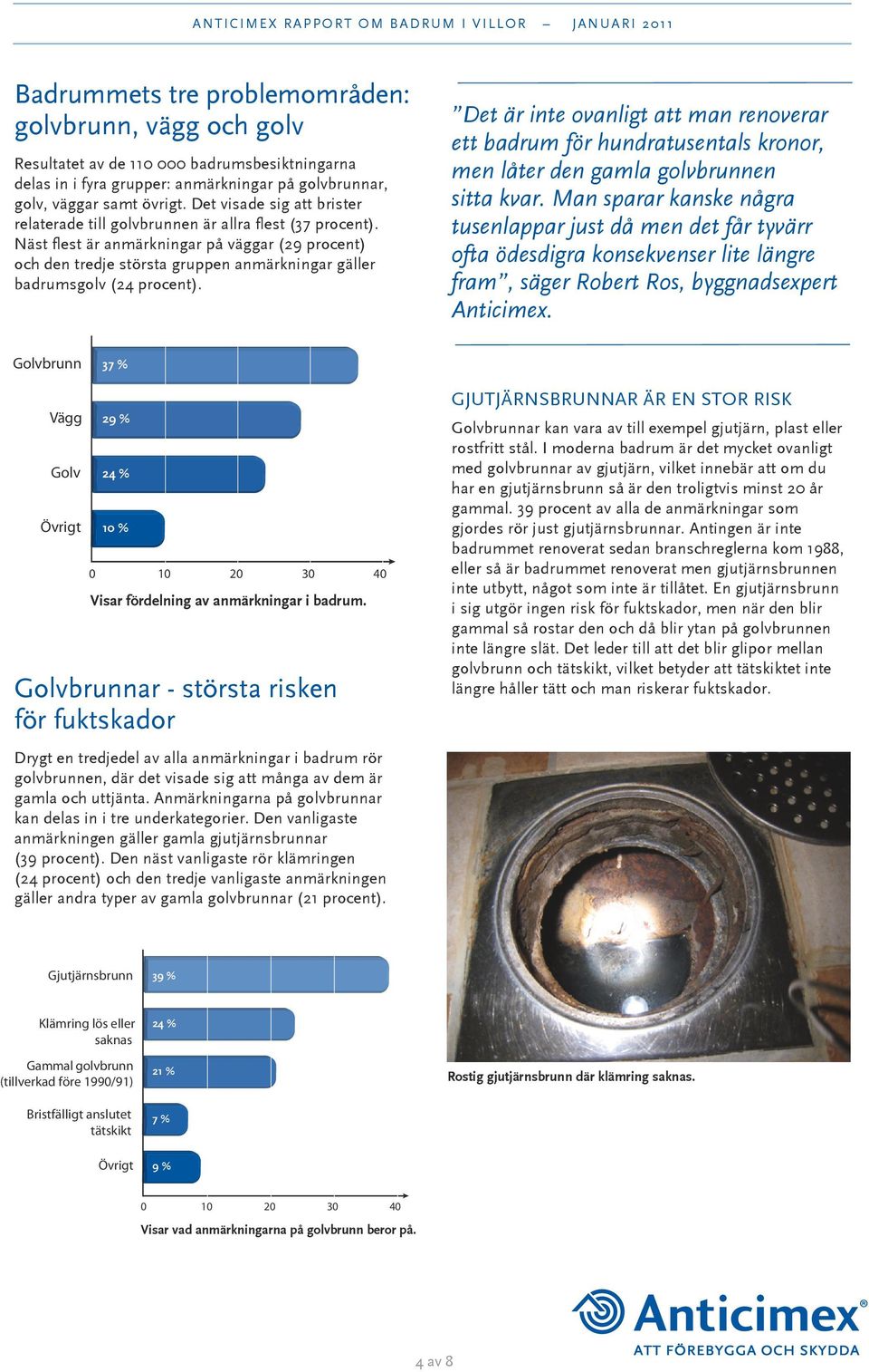 Näst flest är anmärkningar på väggar (29 procent) och den tredje största gruppen anmärkningar gäller badrumsgolv (24 procent).