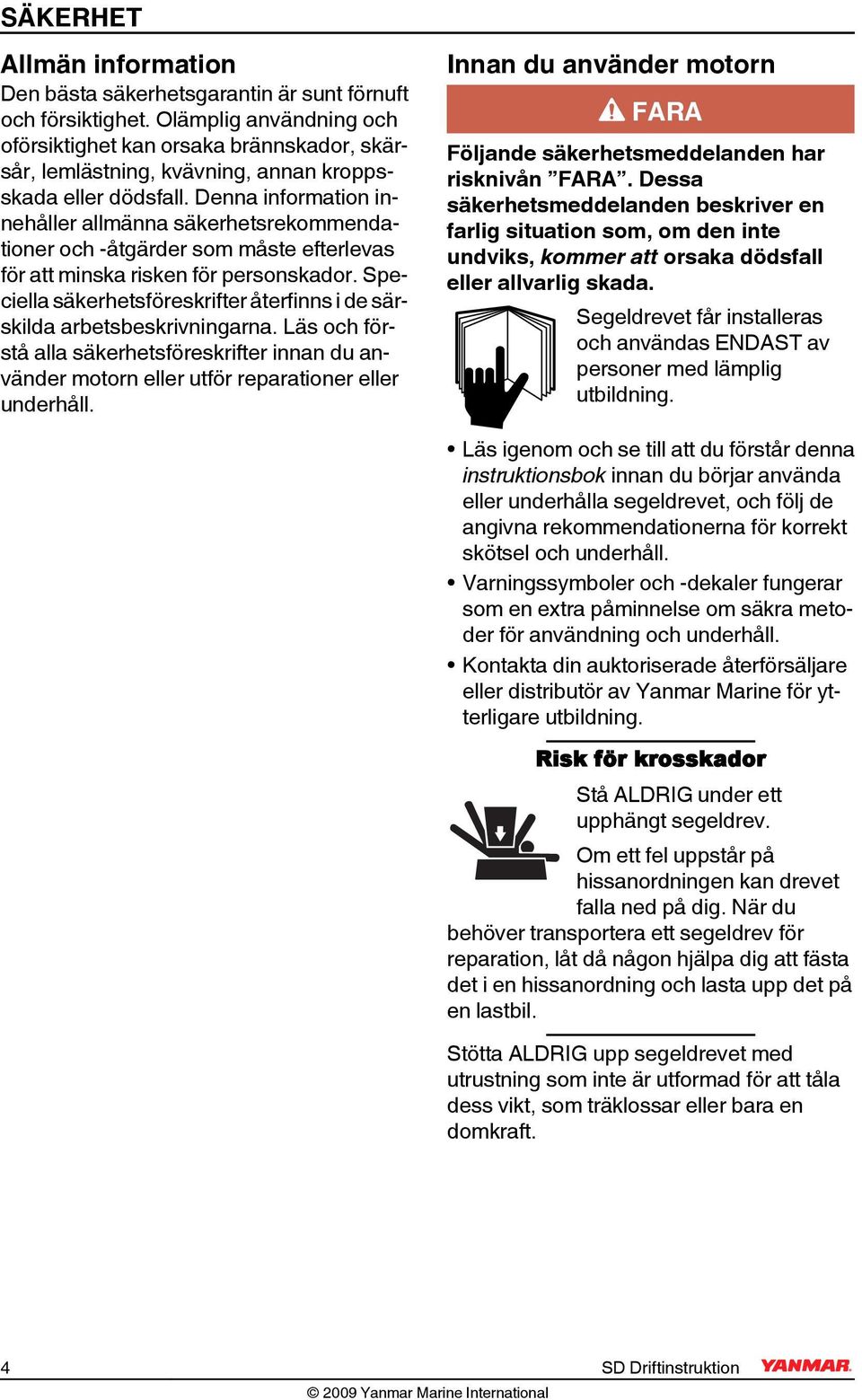 Denna information innehåller allmänna säkerhetsrekommendationer och -åtgärder som måste efterlevas för att minska risken för personskador.