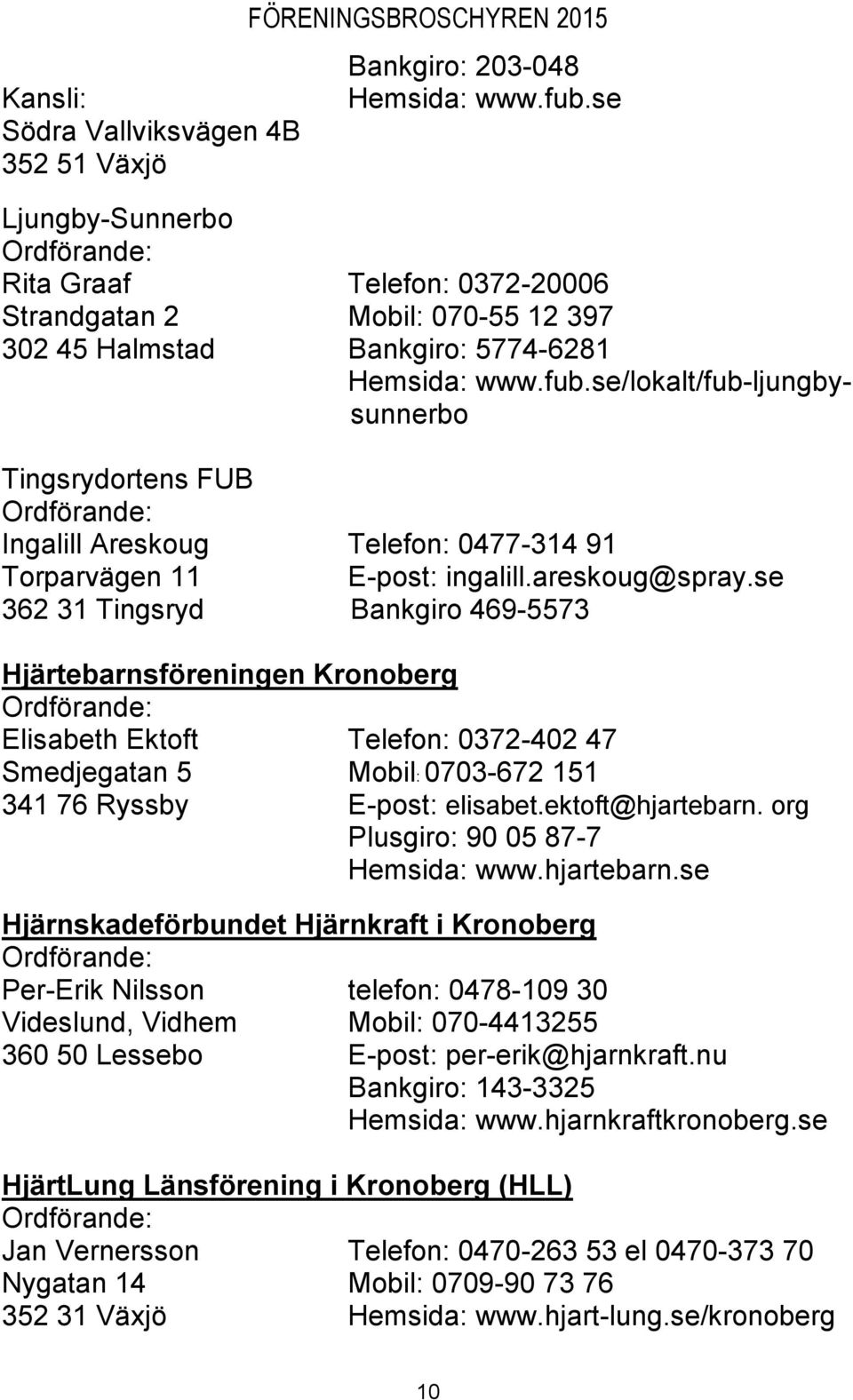 ektoft@hjartebarn. org Plusgiro: 90 05 87-7 Hemsida: www.hjartebarn.se Hjärnskadeförbundet Hjärnkraft i Kronoberg Per-Erik Nilsson telefon: 0478-109 30 Videslund, Vidhem Mobil: 070-4413255 360 50 Lessebo E-post: per-erik@hjarnkraft.