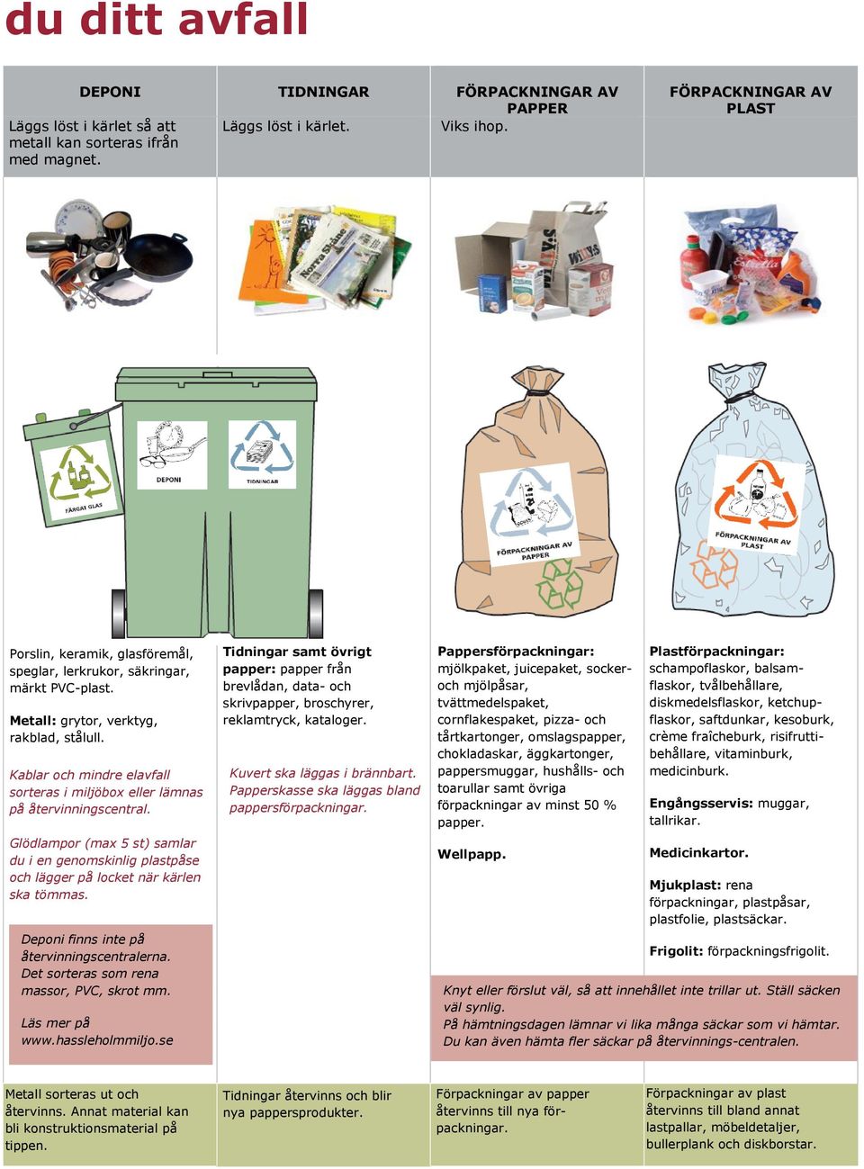 Kablar och mindre elavfall sorteras i miljöbox eller lämnas på återvinningscentral. Glödlampor (max 5 st) samlar du i en genomskinlig plastpåse och lägger på locket när kärlen ska tömmas.