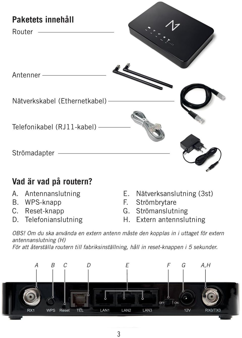 Strömbrytare G. Strömanslutning H. Extern antennslutning OBS!