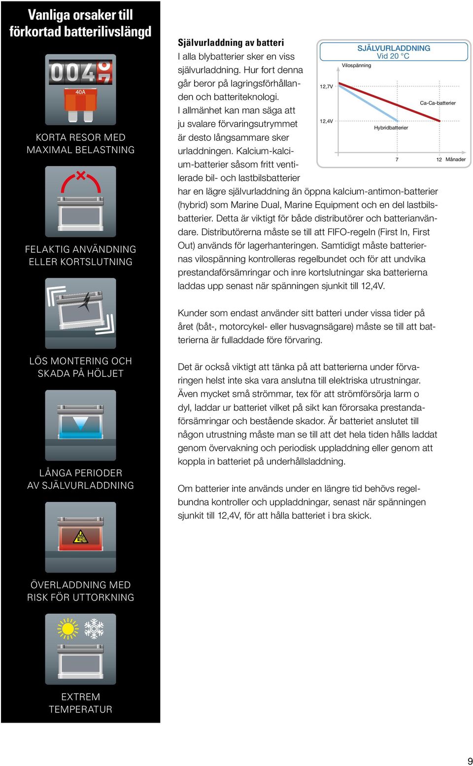 Kalcium-kalcium-batterier såsom fritt ventilerade bil- och lastbilsbatterier har en lägre självurladdning än öppna kalcium-antimon-batterier (hybrid) som Marine Dual, Marine Equipment och en del