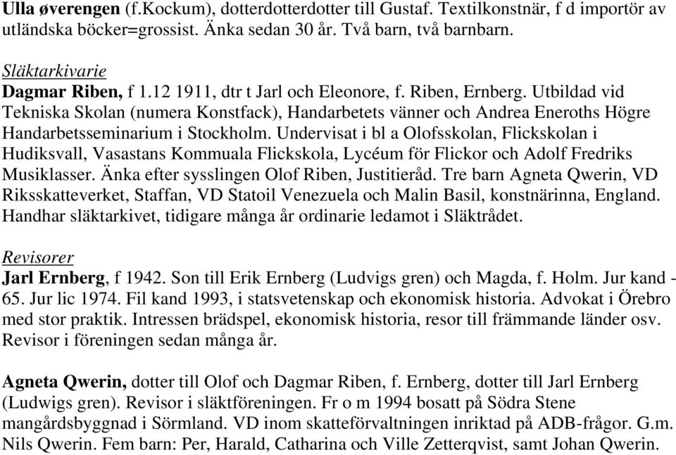 Undervisat i bl a Olofsskolan, Flickskolan i Hudiksvall, Vasastans Kommuala Flickskola, Lycéum för Flickor och Adolf Fredriks Musiklasser. Änka efter sysslingen Olof Riben, Justitieråd.