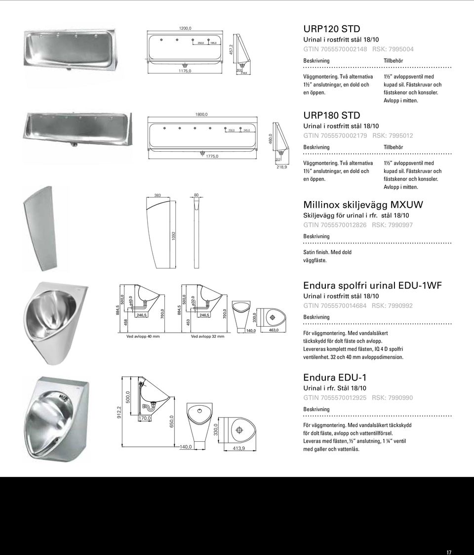 1800,0 250,0 245,0 460,0 URP180 STD Urinal i rostfritt stål 18/10 GTIN 7055570002179 RSK: 7995012 Tillbehör 1775,0 92,0 218,9 Väggmontering.
