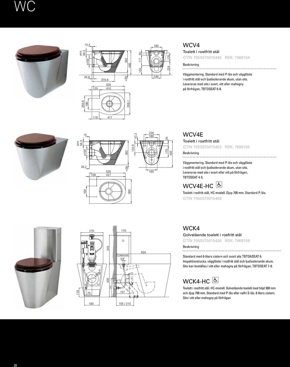 56,3 15 ø100 362 134,9 43,2 230 180 35 170 400 WCV4E Toalett i rostfritt stål GTIN 7055570015452 RSK: 7696155 26,2 108 ~38 535 165 427 Väggmontering.