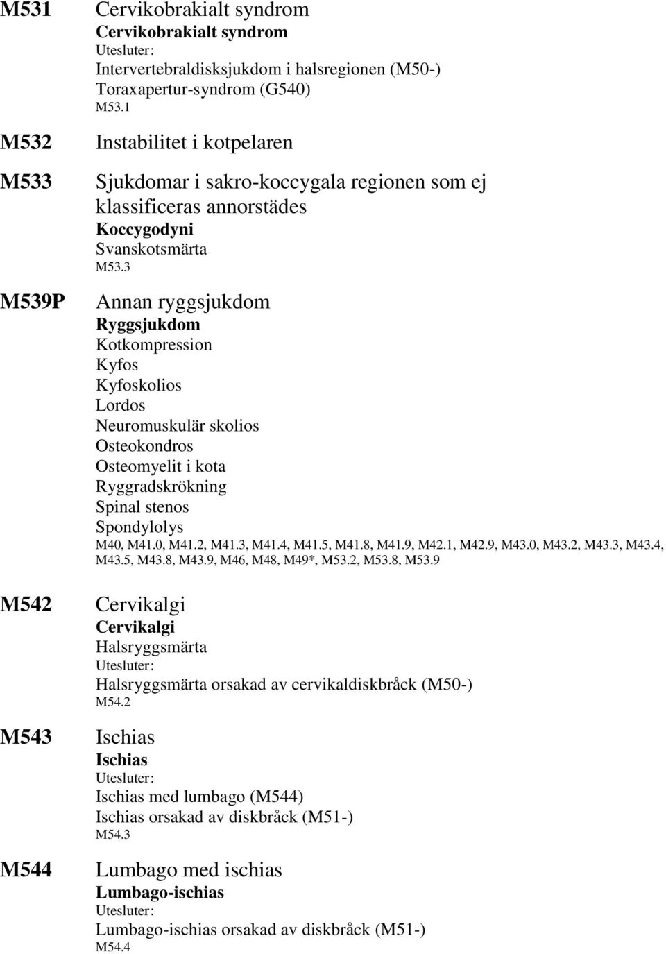 3 Annan ryggsjukdom Ryggsjukdom Kotkompression Kyfos Kyfoskolios Lordos Neuromuskulär skolios Osteokondros Osteomyelit i kota Ryggradskrökning Spinal stenos Spondylolys M40, M41.0, M41.2, M41.3, M41.