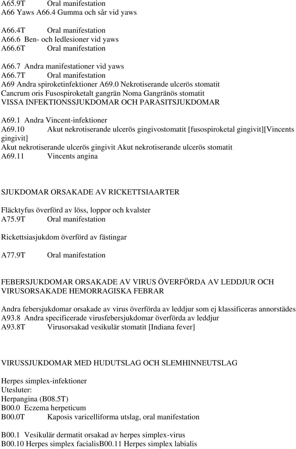 0 Nekrotiserande ulcerös stomatit Cancrum oris Fusospiroketalt gangrän Noma Gangränös stomatit VISSA INFEKTIONSSJUKDOMAR OCH PARASITSJUKDOMAR A69.1 Andra Vincentinfektioner A69.