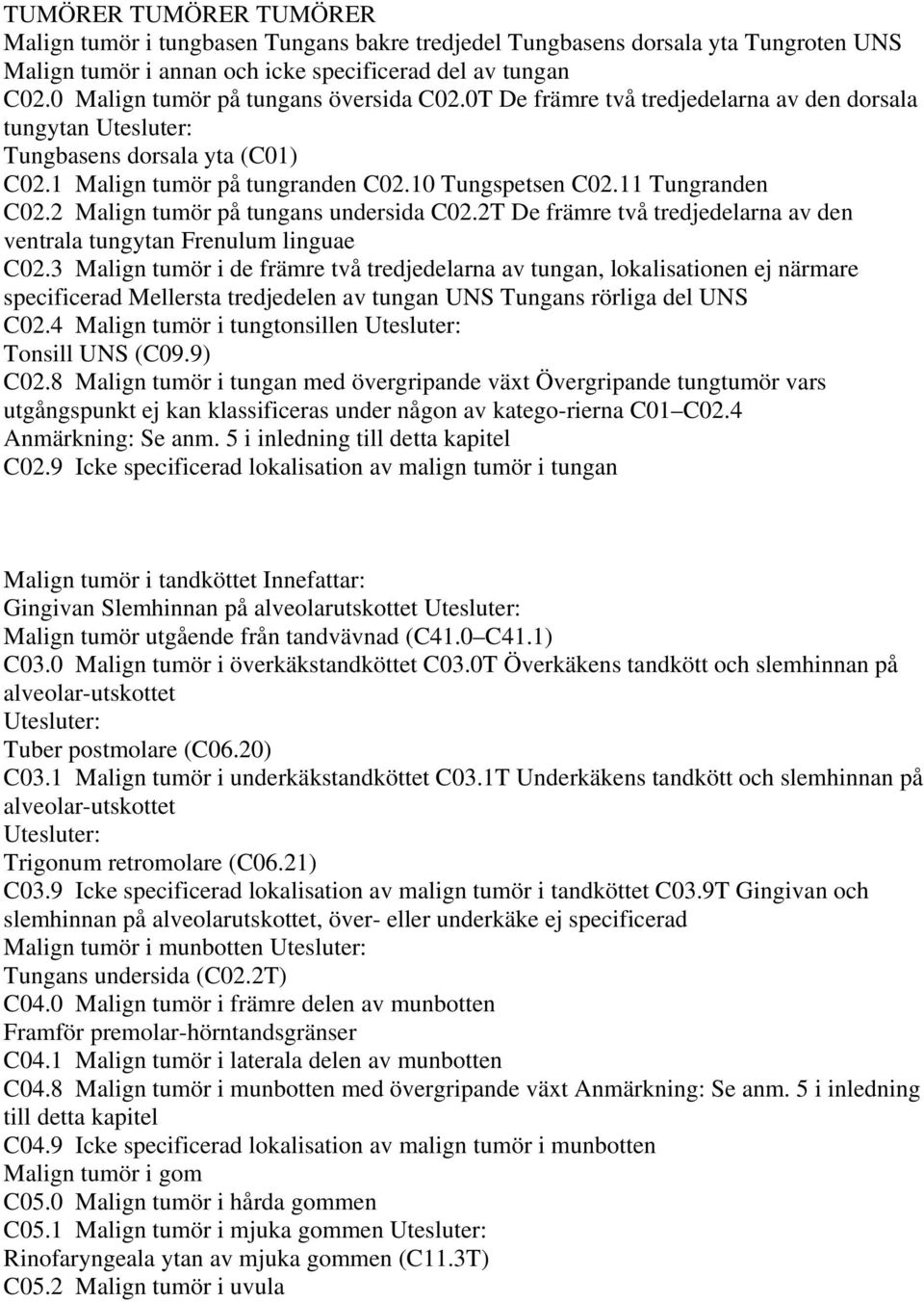 2 Malign tumör på tungans undersida C02.2T De främre två tredjedelarna av den ventrala tungytan Frenulum linguae C02.