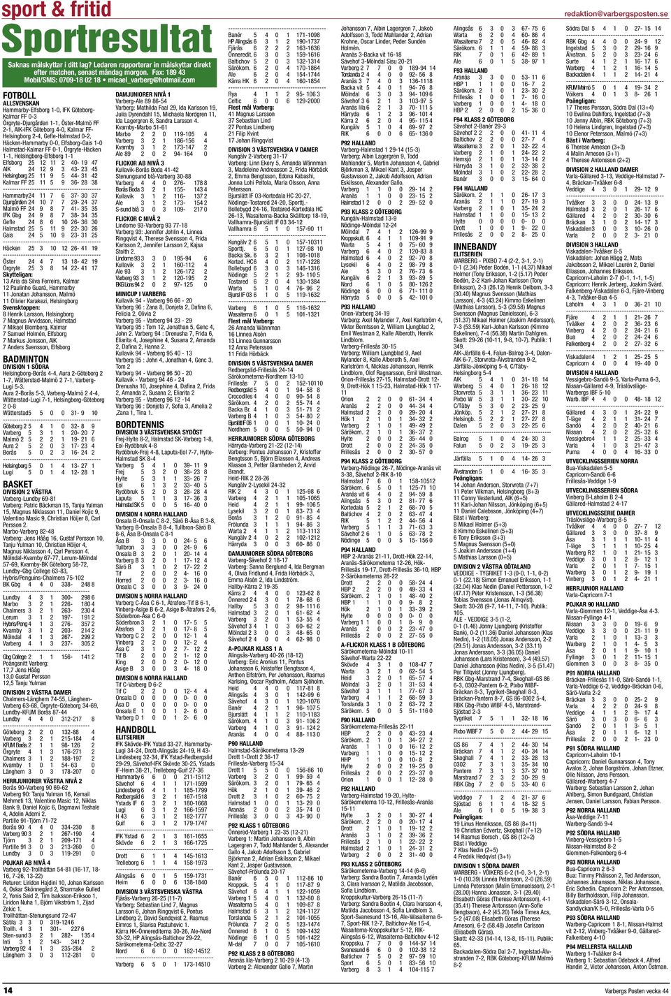 Häcken-Hammarby 0-0, Elfsborg-Gais 1-0 Halmstad-Kalmar FF 0-1, Örgryte-Häcken 1-1, Helsingborg-Elfsborg 1-1 Elfsborg 25 12 11 2 40-19 47 AIK 24 12 9 3 43-23 45 Helsingborg 25 11 9 5 44-31 42 Kalmar