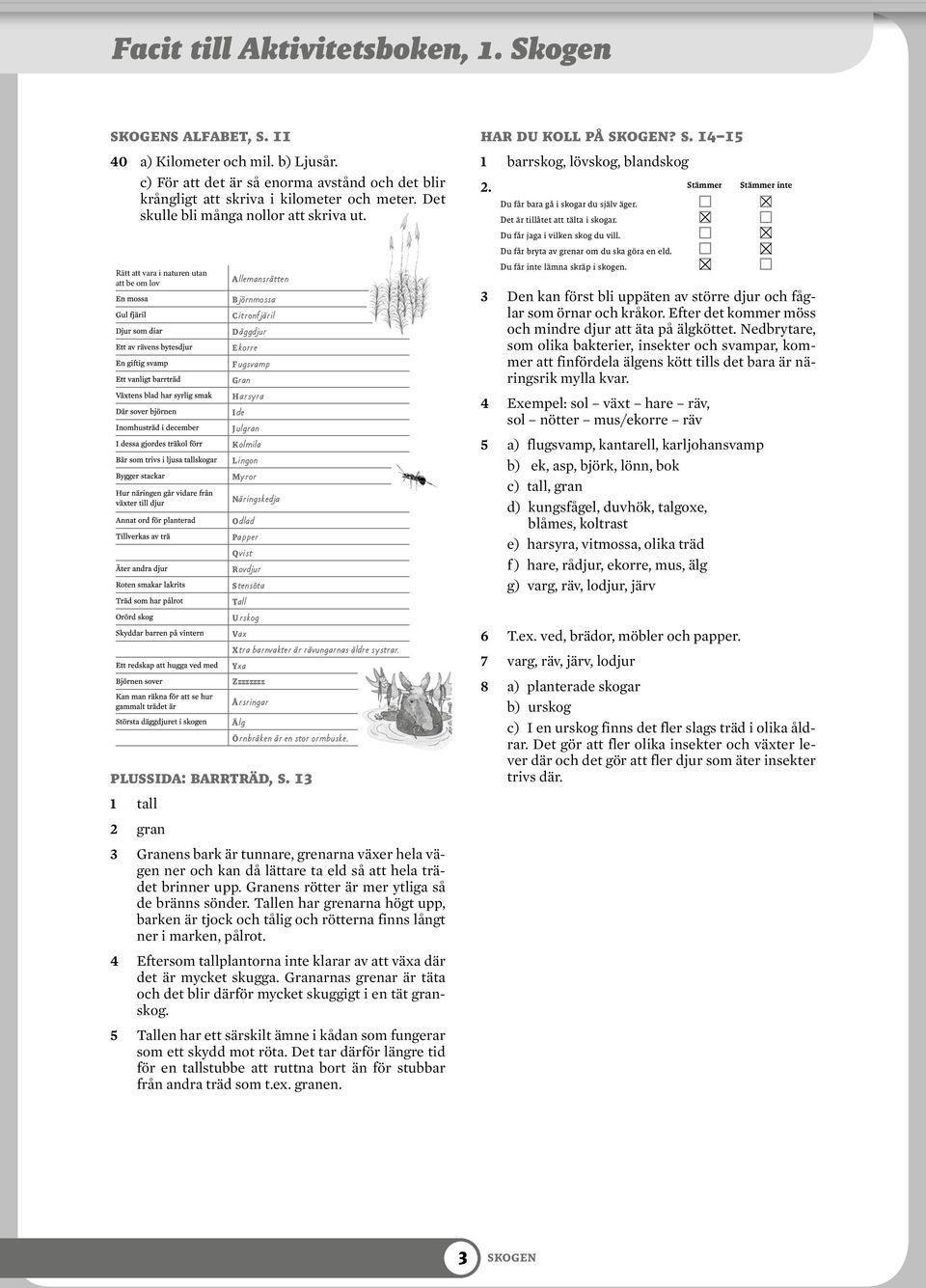 13 1 tall 2 gran A llemansrätten B jörnmossa C itronfjäril D äggdjur E korre F ugsvamp Gran H arsyra I de J ulgran K olmila L ingon Myror Näringskedja O dlad Papper Q vist R ovdjur S tensöta Tall U