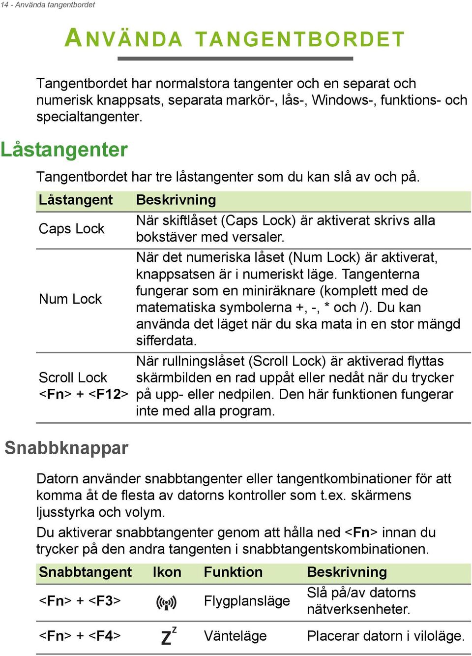 Låstangent Beskrivning Caps Lock Num Lock Scroll Lock <Fn> + <F12> Snabbknappar När skiftlåset (Caps Lock) är aktiverat skrivs alla bokstäver med versaler.