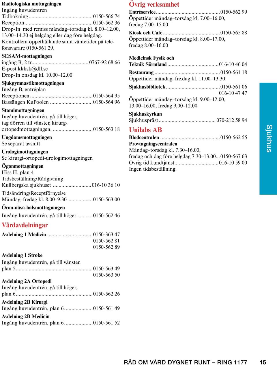 00 Sjukgymnastikmottagningen Ingång B, entréplan Receptionen...0150-564 95 Bassängen KuPoolen.