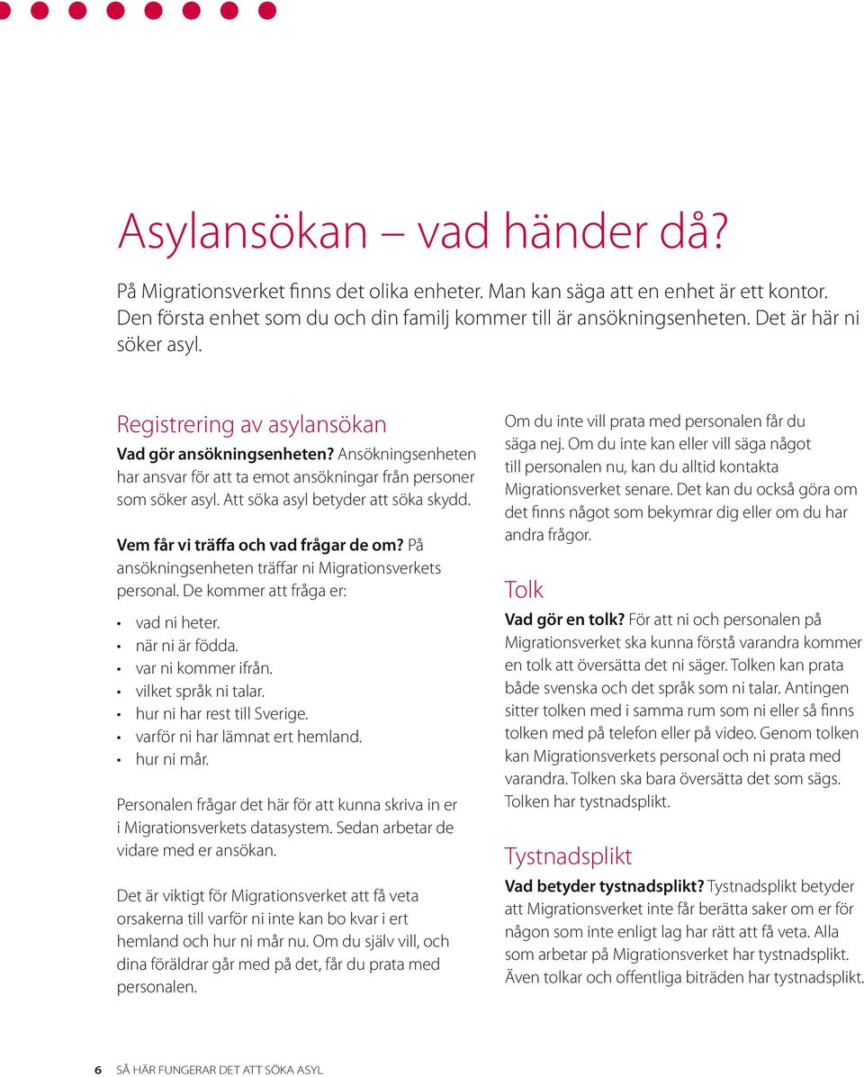 Att söka asyl betyder att söka skydd. Vem får vi träffa och vad frågar de om? På ansökningsenheten träffar ni Migrationsverkets personal. De kommer att fråga er: vad ni heter. när ni är födda.