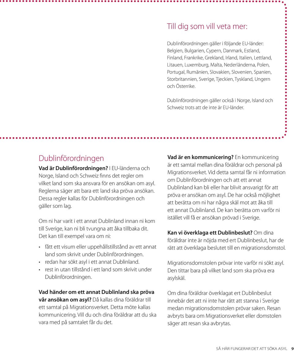 Dublinförordningen gäller också i Norge, Island och Schweiz trots att de inte är EU-länder. Dublinförordningen Vad är Dublinförordningen?