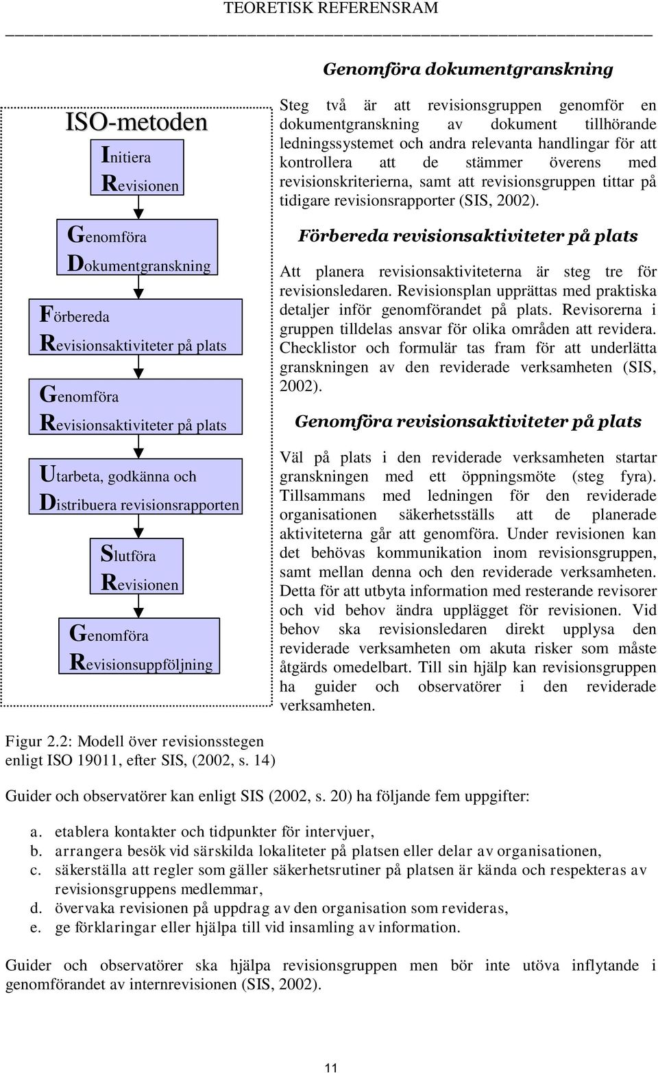 ledningssystemet och andra relevanta handlingar för att kontrollera att de stämmer överens med revisionskriterierna, samt att revisionsgruppen tittar på tidigare revisionsrapporter (SIS, 2002).