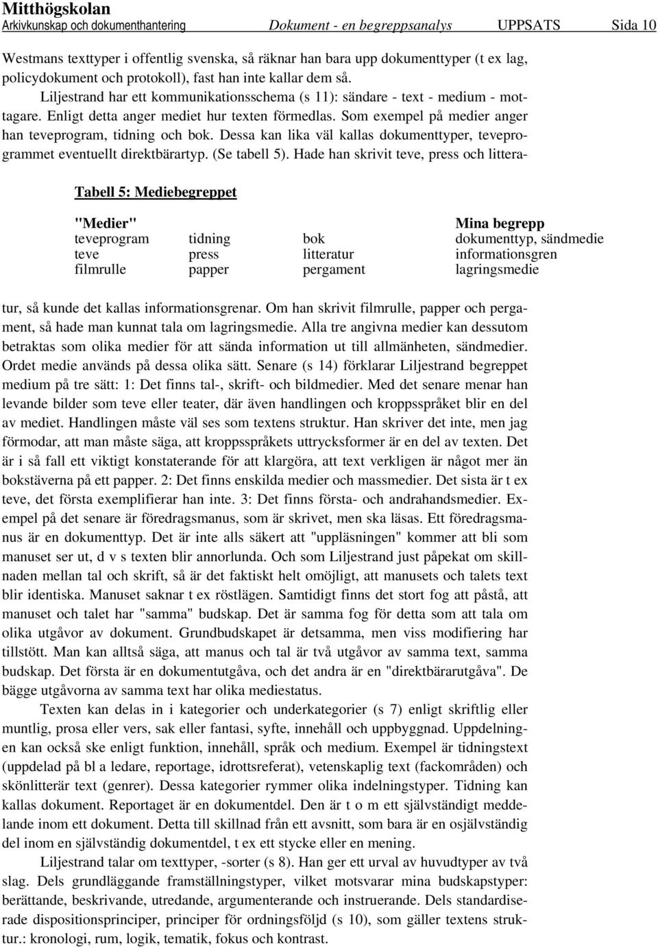 dem så. Liljestrand har ett kommunikationsschema (s 11): sändare - text - medium - mottagare. Enligt detta anger mediet hur texten förmedlas.