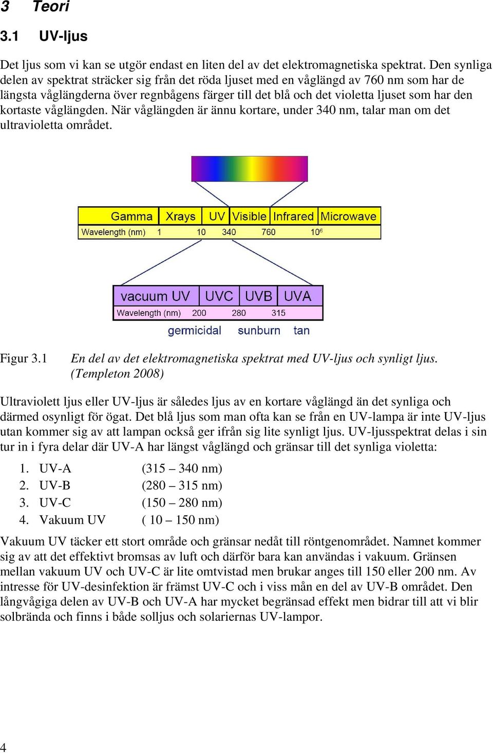kortaste våglängden. När våglängden är ännu kortare, under 340 nm, talar man om det ultravioletta området. Figur 3.1 En del av det elektromagnetiska spektrat med UV-ljus och synligt ljus.