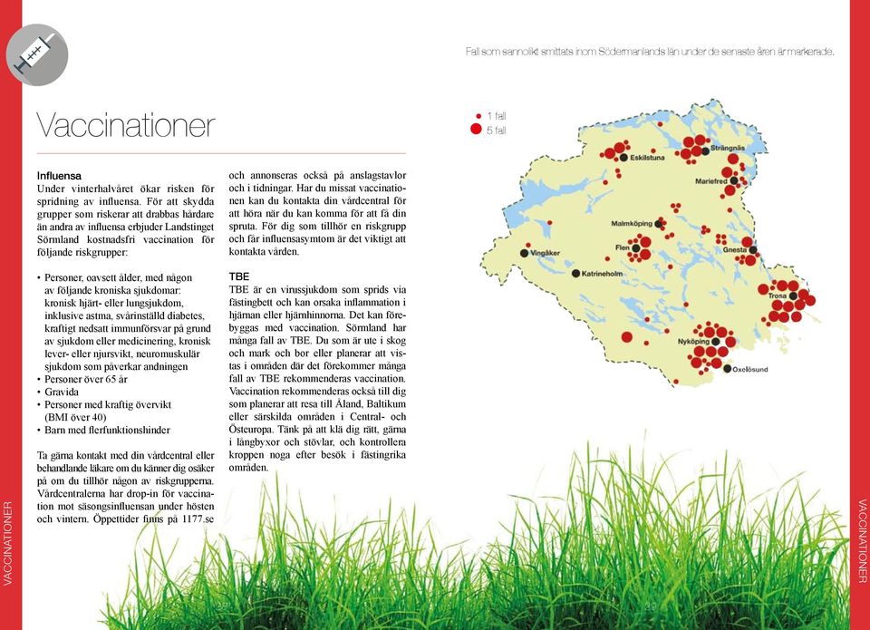 För att skydda grupper som riskerar att drabbas hårdare än andra av influensa erbjuder Landstinget Sörmland kostnadsfri vaccination för följande riskgrupper: och annonseras också på anslagstavlor och
